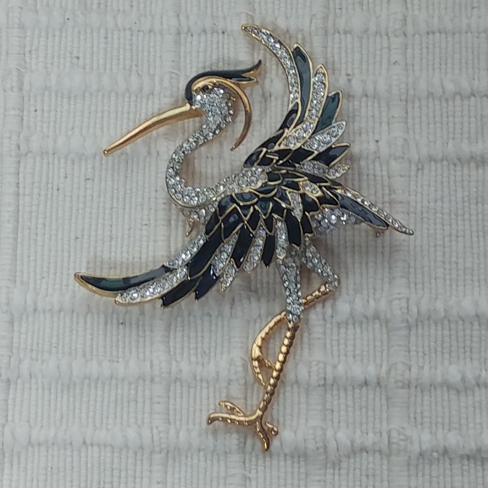 Rhinestone & Black Enamel Flamingo Brooch/Pin